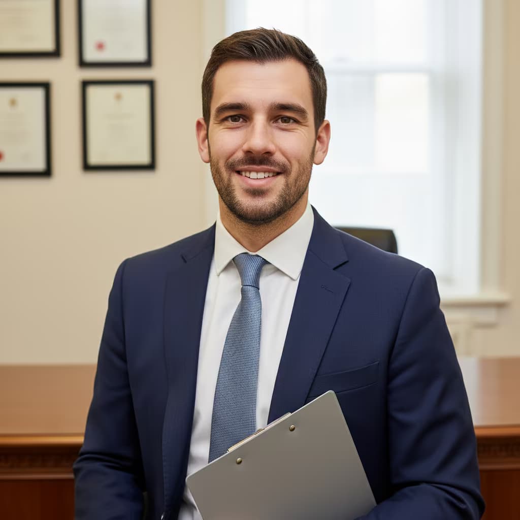 Professional healthcare headshot of a male speech language pathologist in business attire navy on doctor s office and with clipboard
