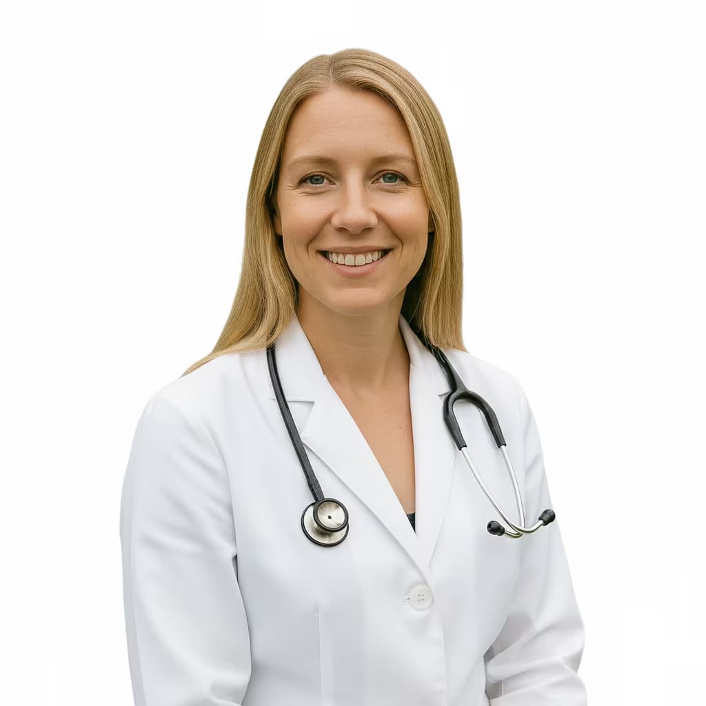 Professional medical headshot of a female anesthesiologist in white coat on ffffff background and with stethoscope