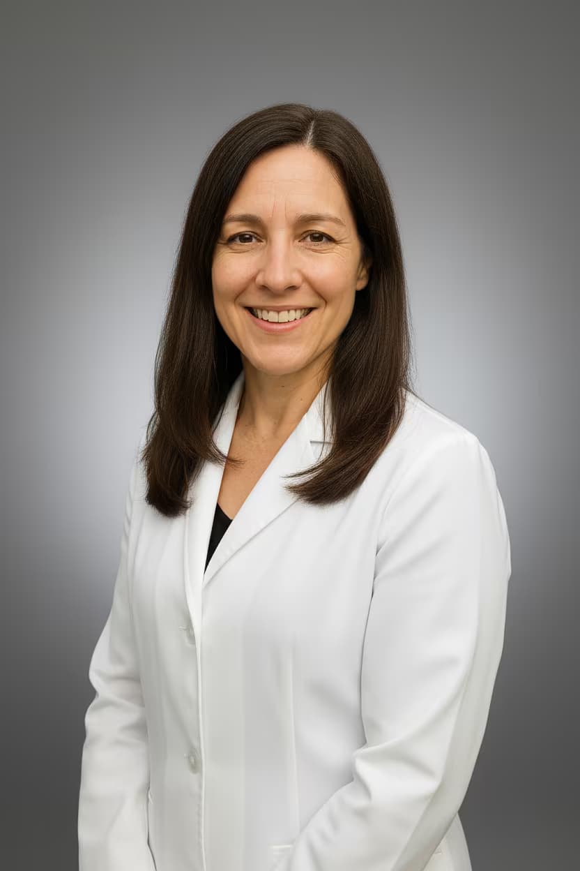 Professional medical headshot of a female anesthesiologist in white coat on surgical room and no accessories