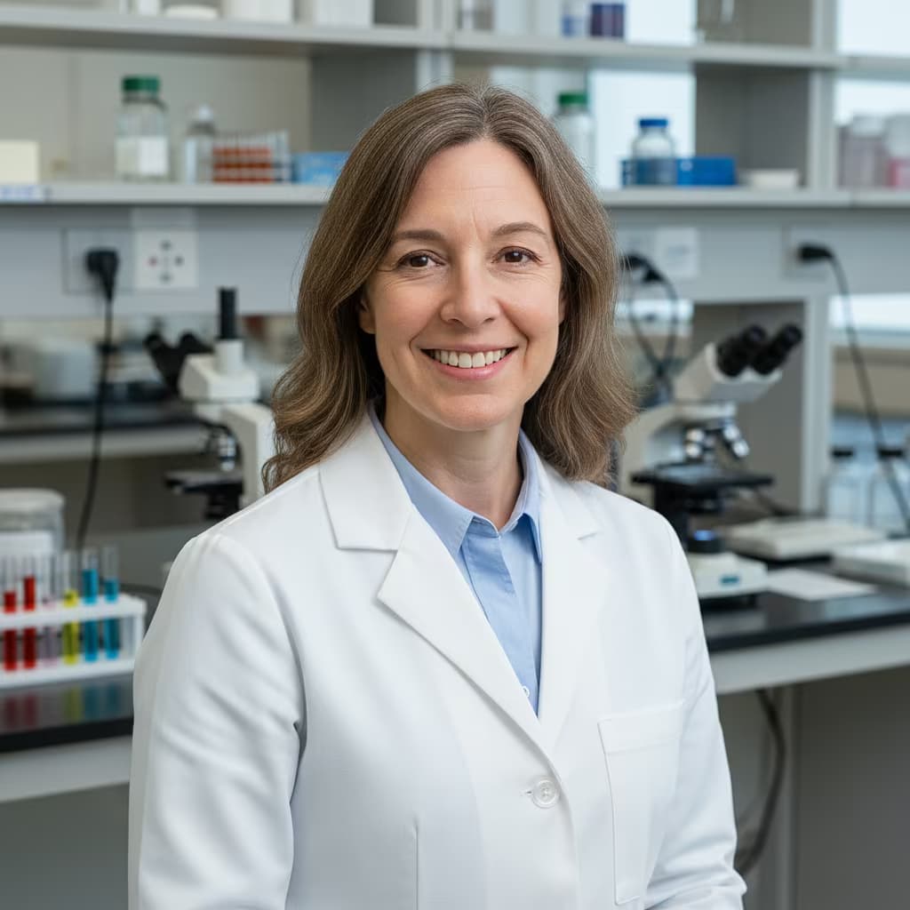 Professional medical headshot of a female biomedical technologist in lab coat on laboratory and no accessories