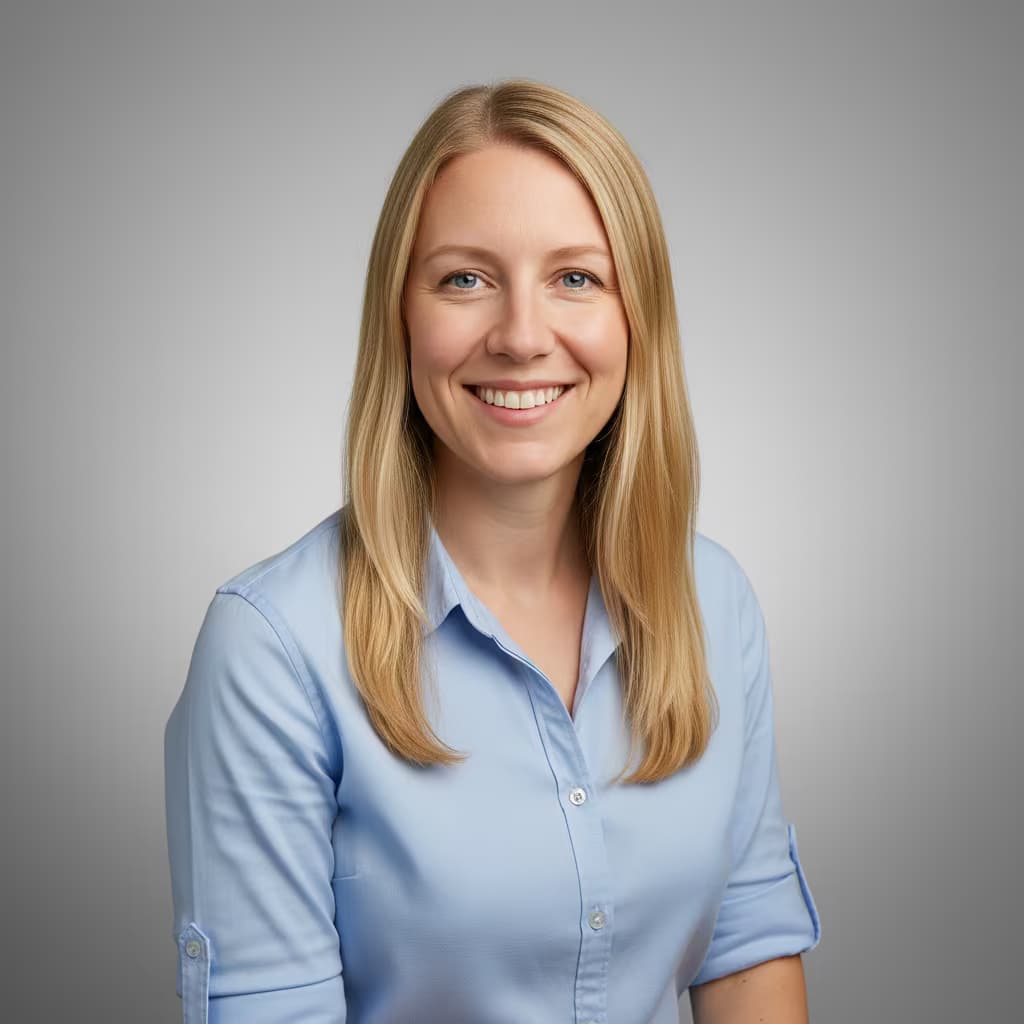 Professional medical headshot of a female chiropractor in clinic casual shirt on b7b7b7 gradient background and no accessories