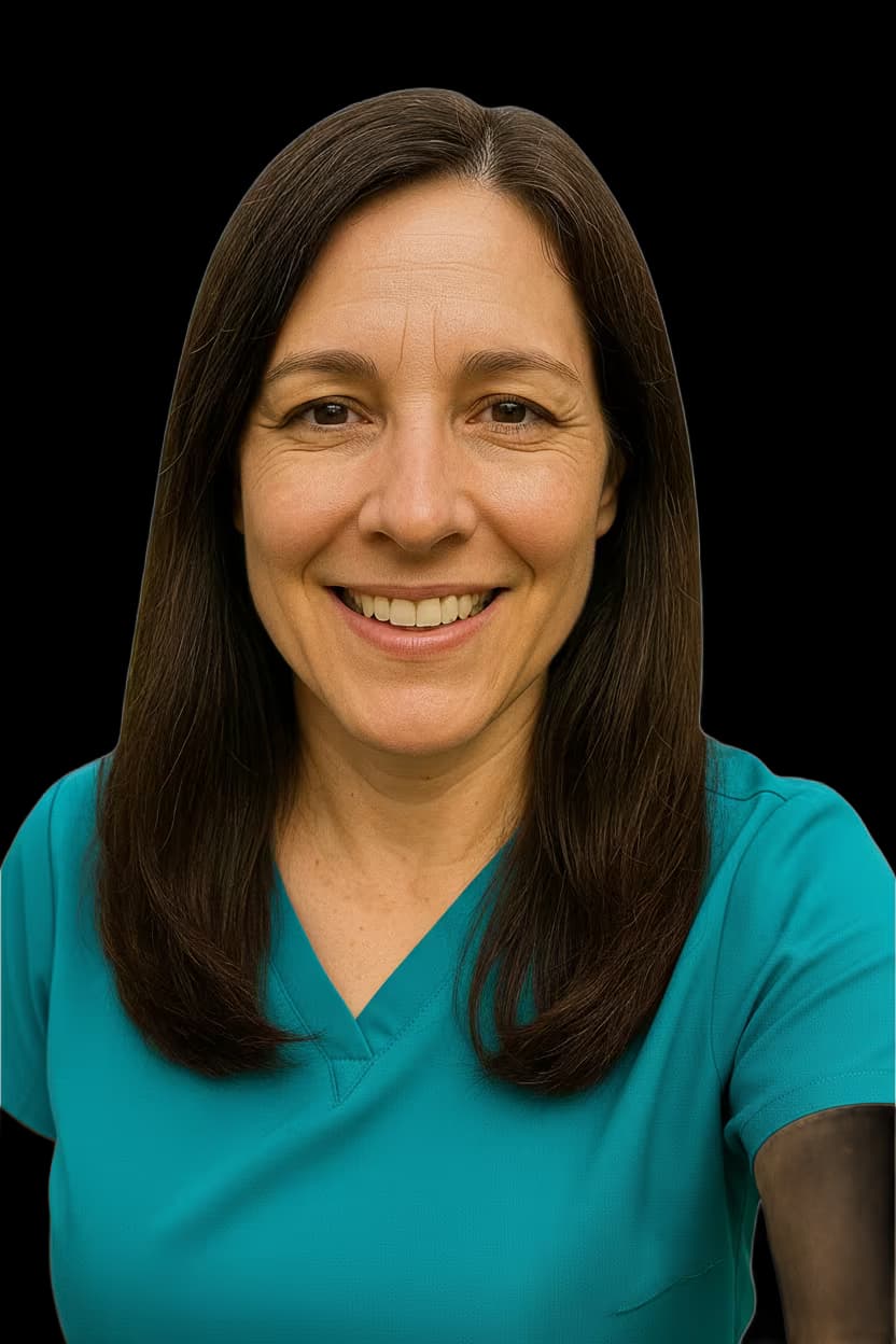 Professional medical headshot of a female dental assistant in scrubs teal on transparent background and no accessories