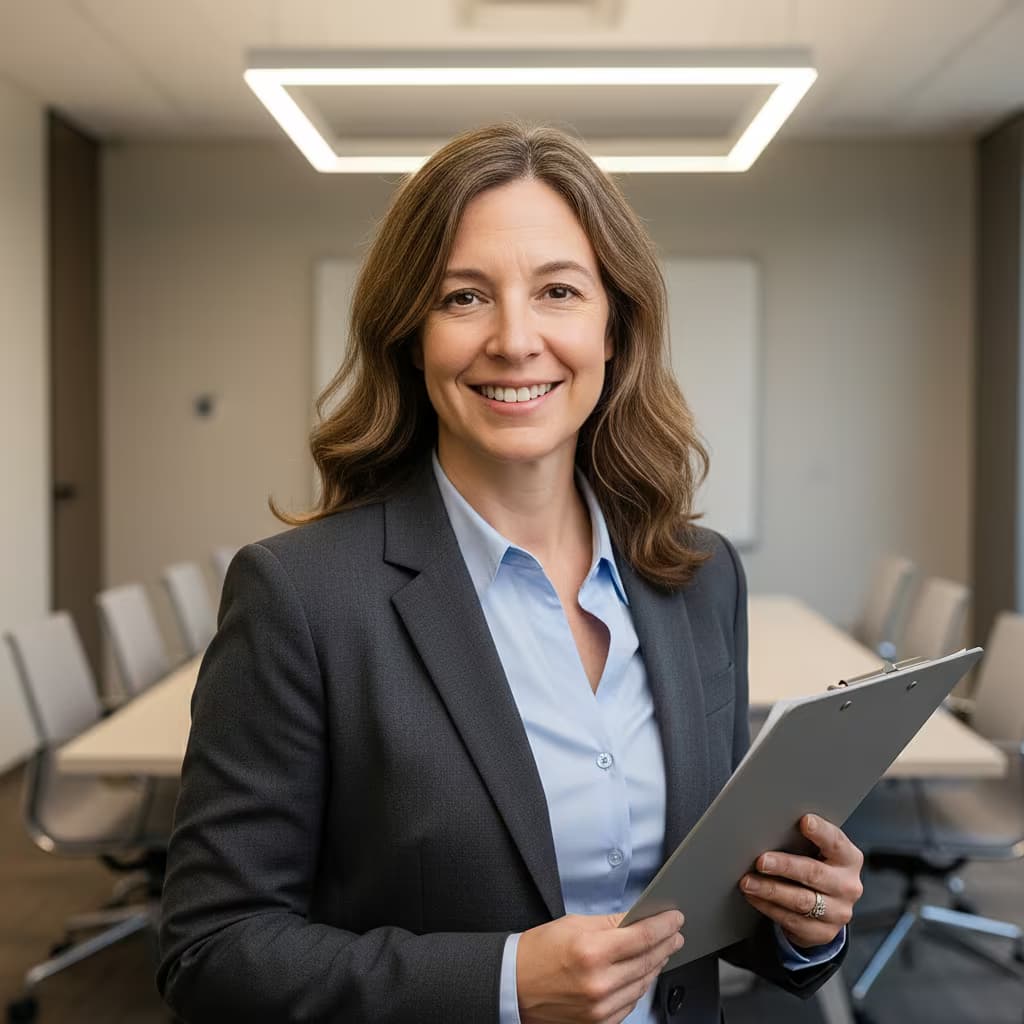 Professional medical headshot of a female epidemiologist in business attire charcoal on medical conference room and with clipboard