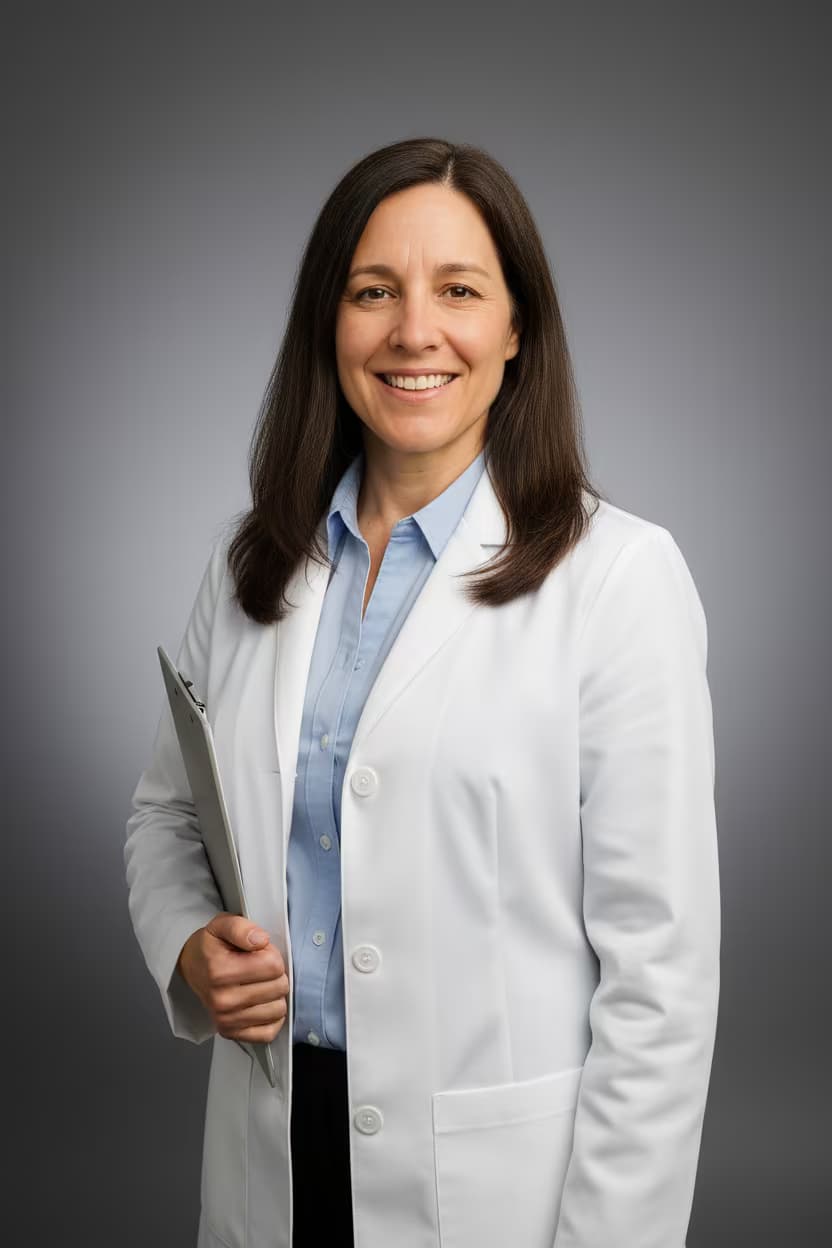 Professional medical headshot of a female epidemiologist in lab coat on medical conference room and with clipboard