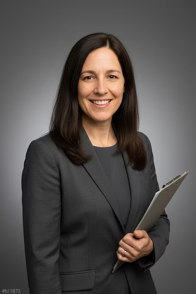Professional medical headshot of a female health information technician in business attire charcoal on b7b7b7 gradient background and with clipboard