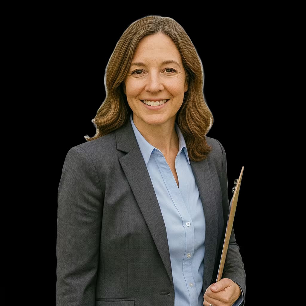 Professional medical headshot of a female health information technician in business attire charcoal on transparent background and with clipboard