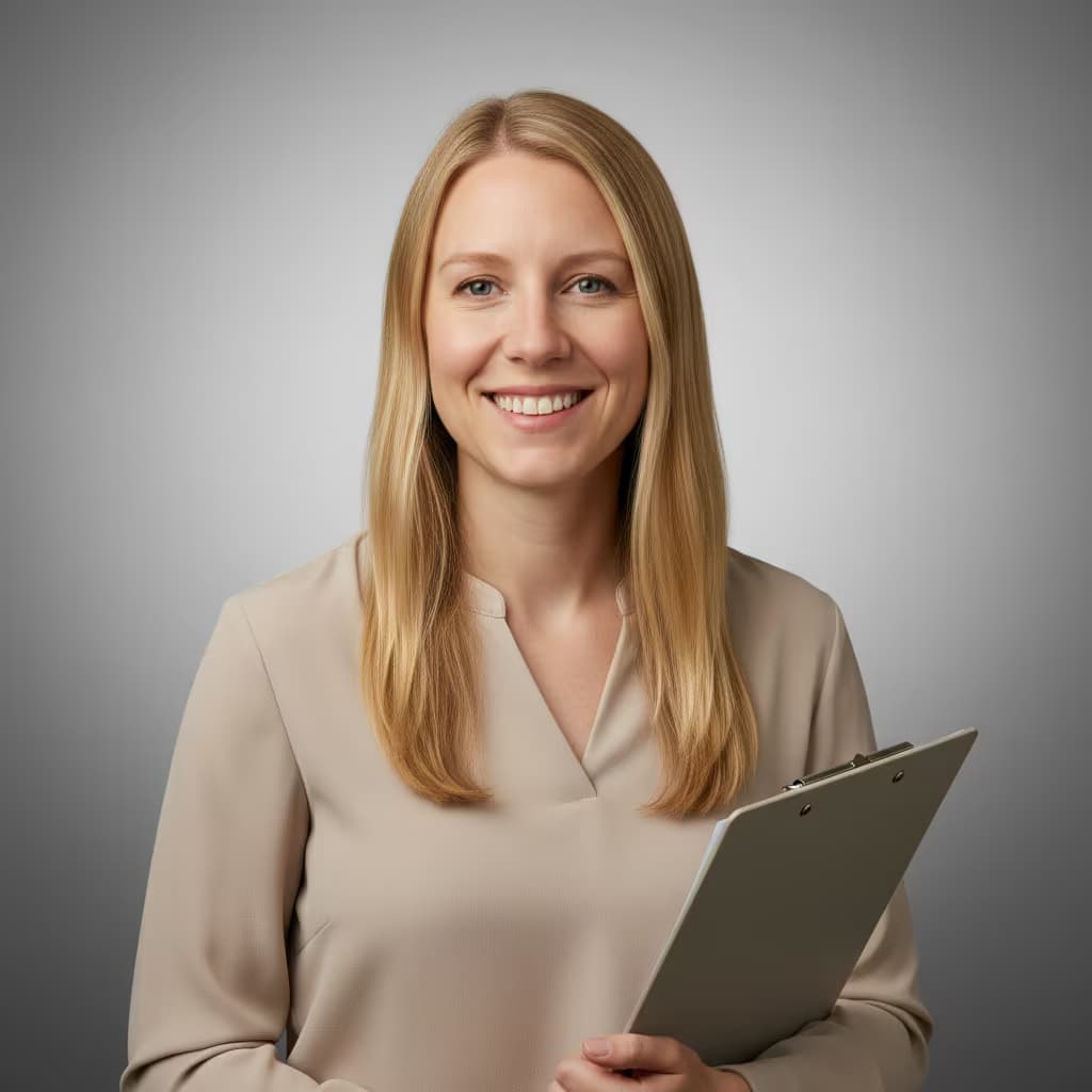 Professional medical headshot of a female home health and personal care aide in clinic casual blouse on b7b7b7 gradient background and with clipboard