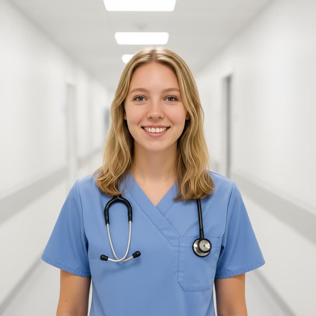 Professional medical headshot of a female licensed practical nurse in scrubs light blue on hospital hallway and with stethoscope