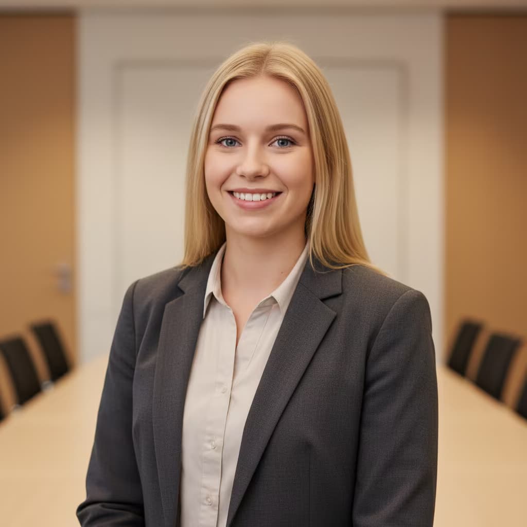 Professional medical headshot of a female medical illustrator in business attire charcoal on medical conference room and no accessories