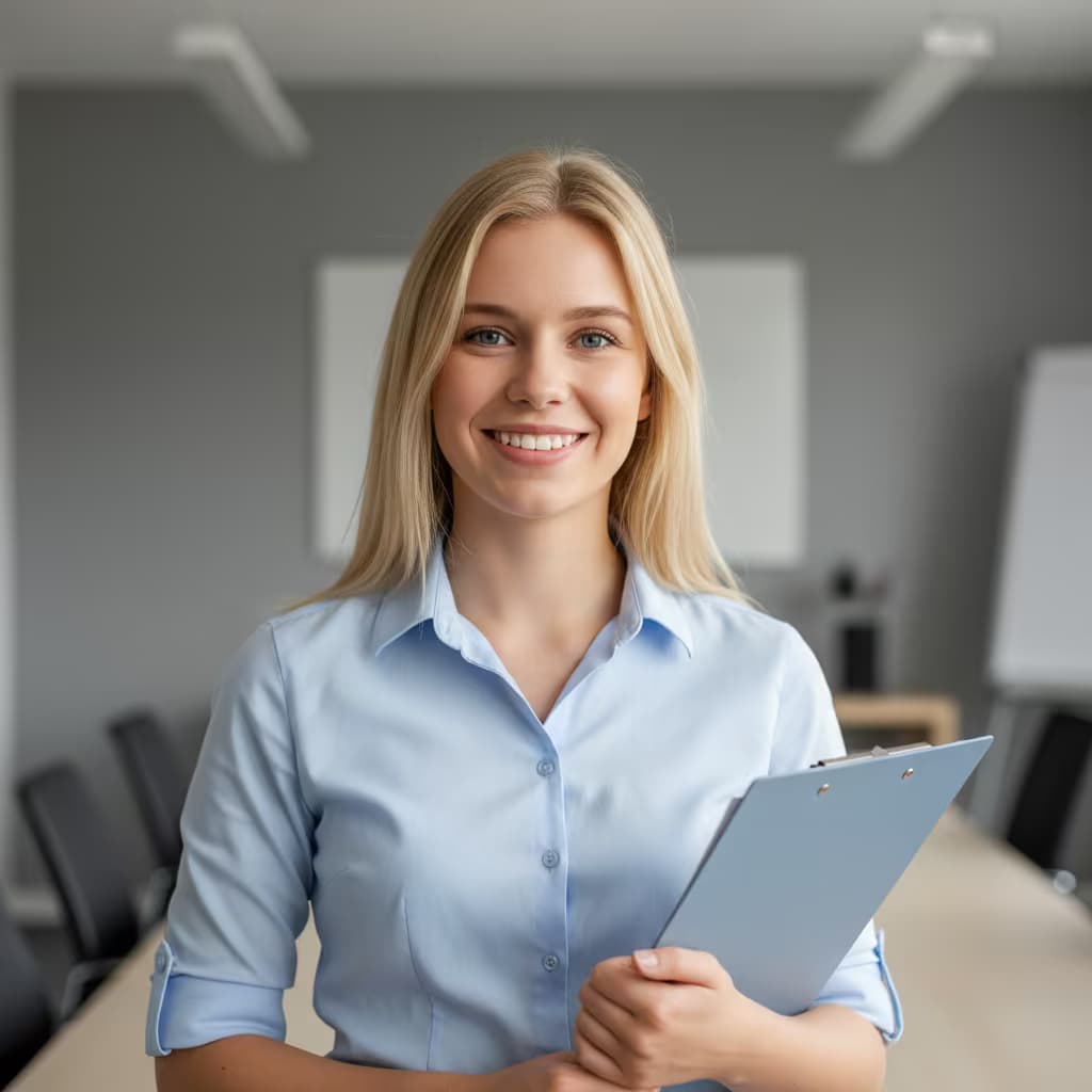 Professional medical headshot of a female medical illustrator in clinic casual shirt on medical conference room and with clipboard