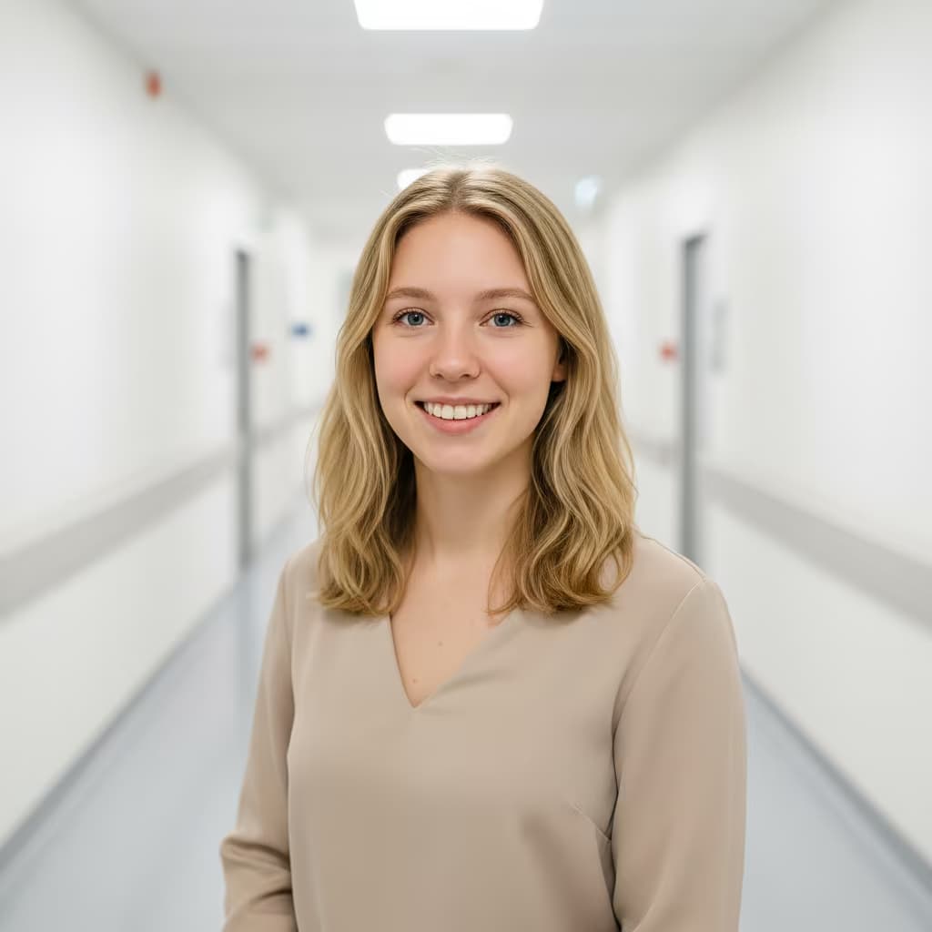 Professional medical headshot of a female medical photographer in clinic casual blouse on hospital hallway and no accessories