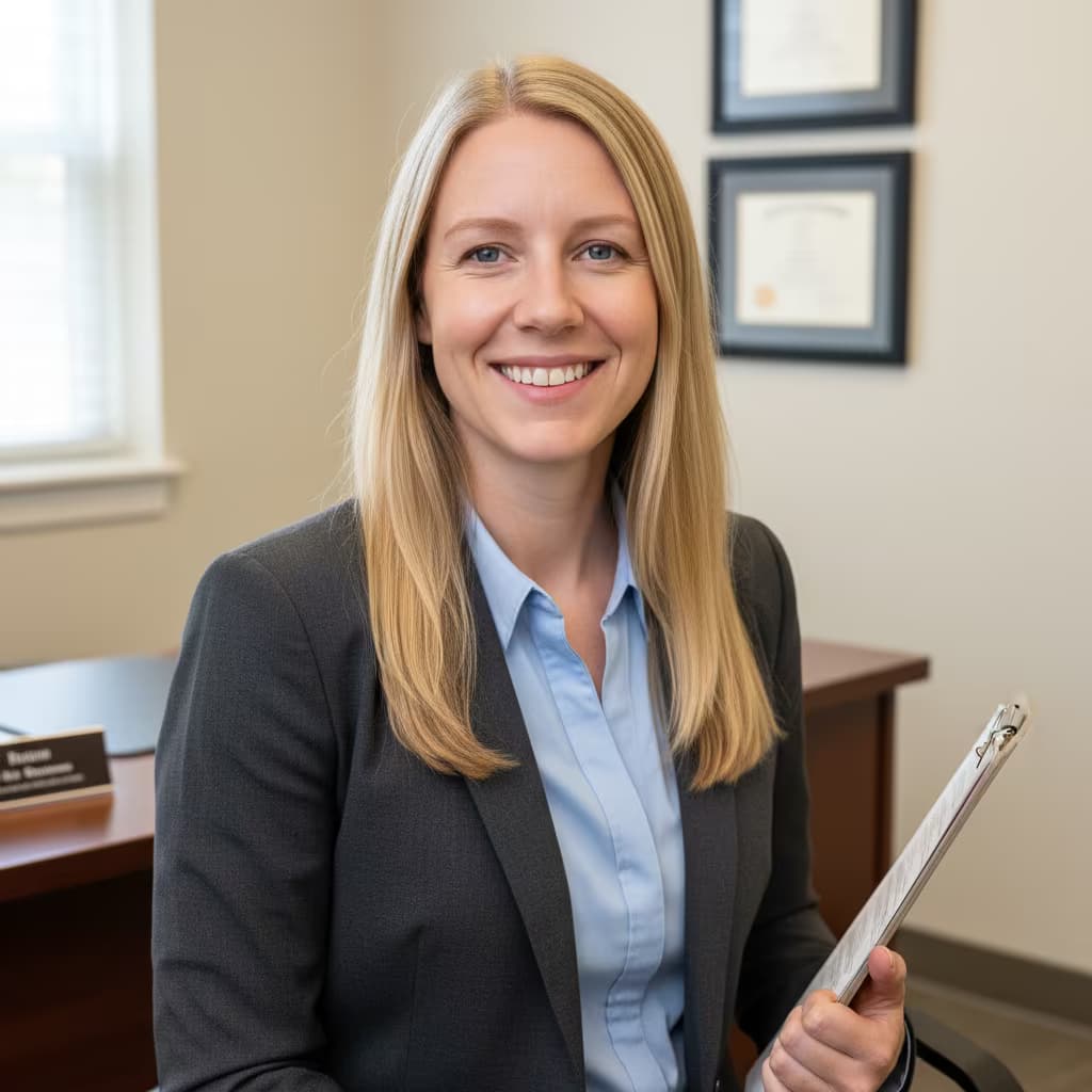 Professional medical headshot of a female medical records technician in business attire charcoal on doctor s office and with clipboard