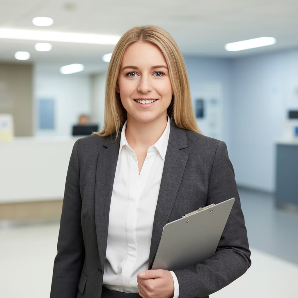 Professional medical headshot of a female nutritionist in business attire charcoal on hospital lobby and with clipboard