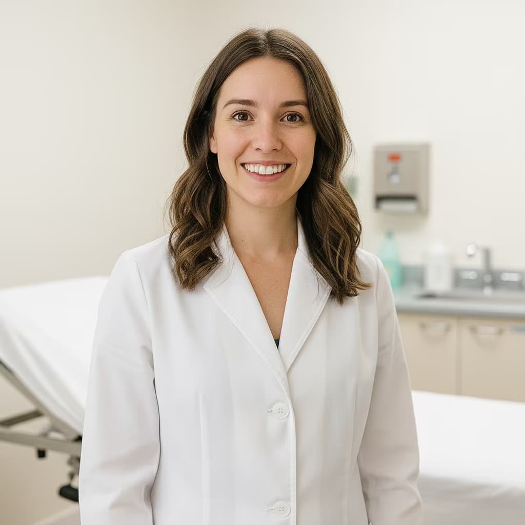 Professional medical headshot of a female optometrist in white coat on examination room and no accessories