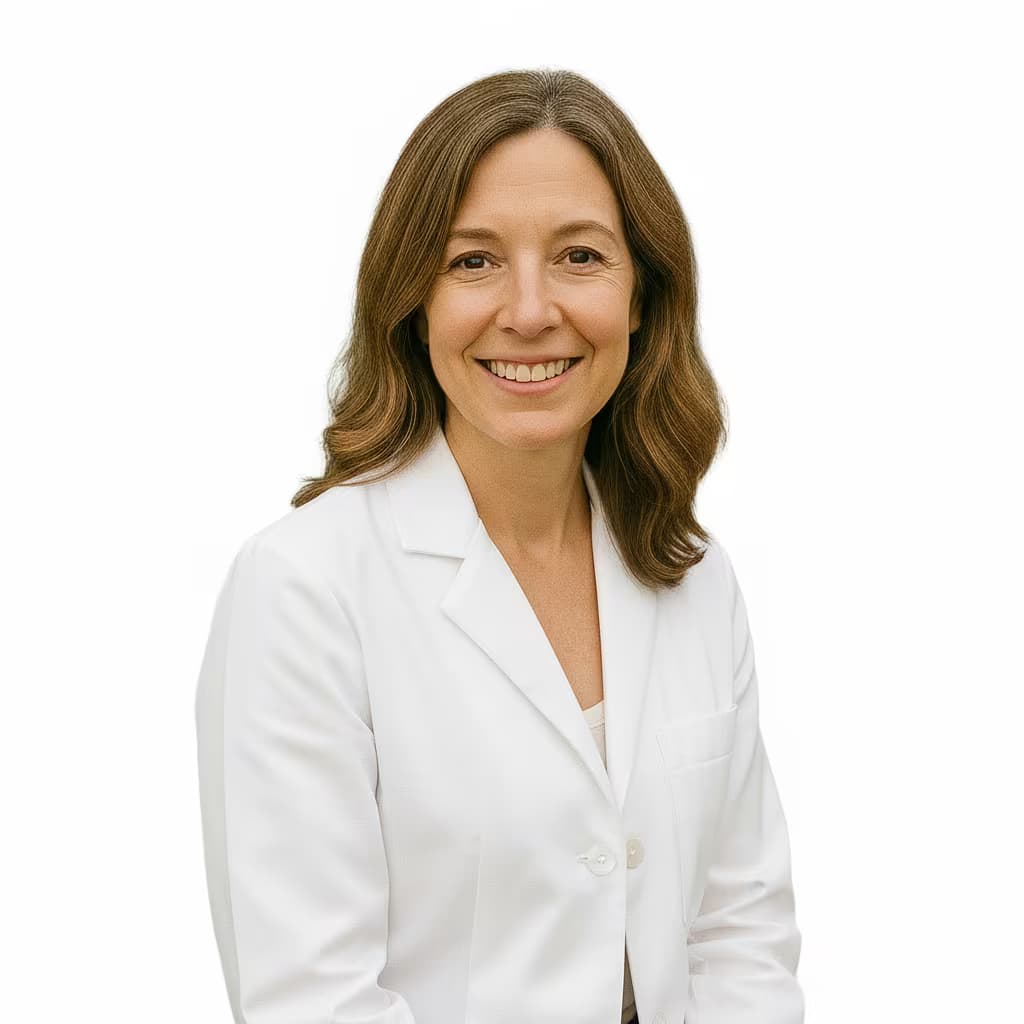 Professional medical headshot of a female optometrist in white coat on ffffff background and no accessories