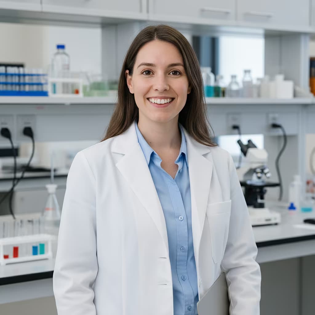 Professional medical headshot of a female orthotist in lab coat on laboratory and with clipboard