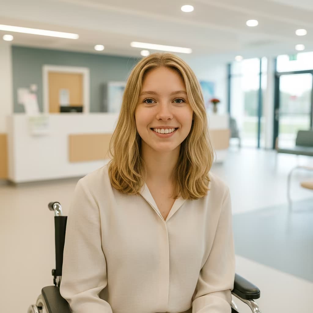Professional medical headshot of a female physical therapist assistant in clinic casual blouse on hospital lobby and with wheelchair