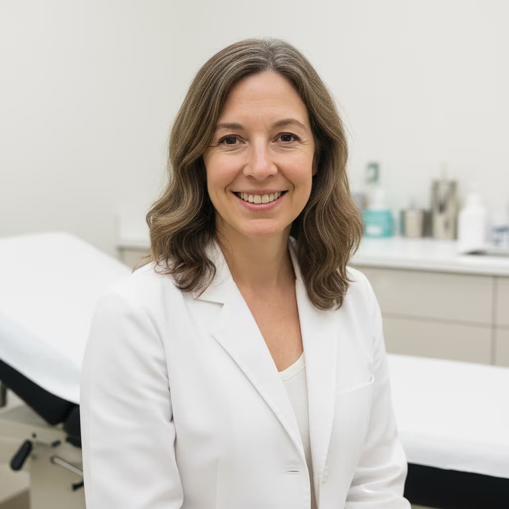 Professional medical headshot of a female physician in white coat on examination room and no accessories