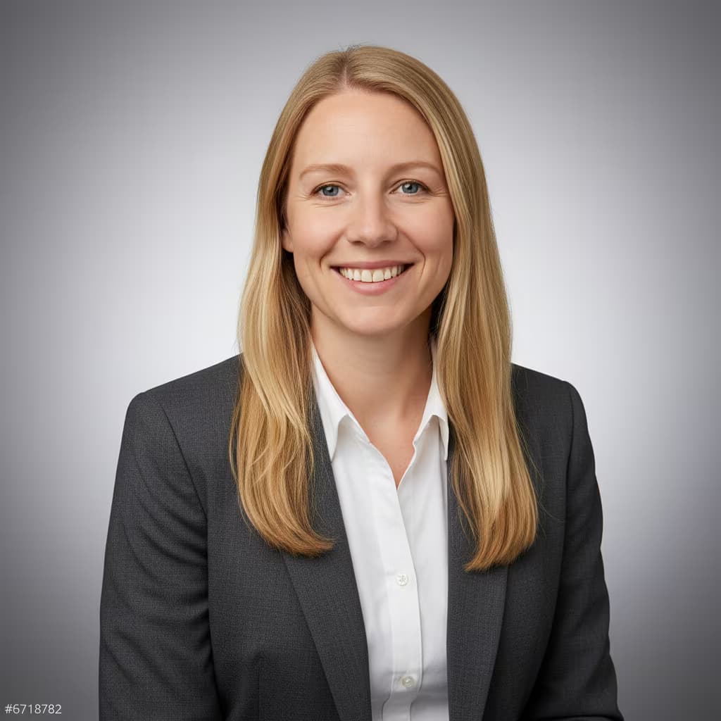 Professional medical headshot of a female psychologist in business attire charcoal on b7b7b7 gradient background and no accessories