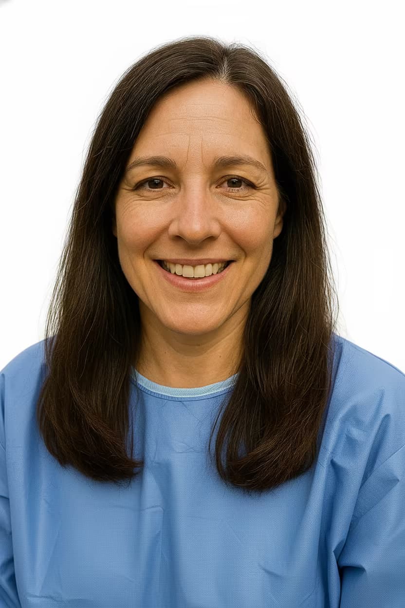 Professional medical headshot of a female surgical technologist in surgical gown blue on ffffff background and no accessories