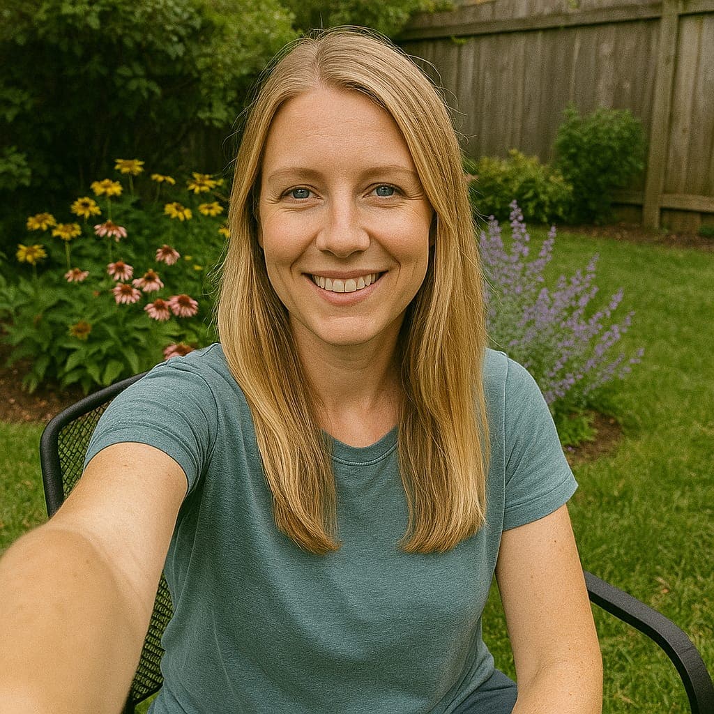 Selfie of female medical specialist on a chair in her garden