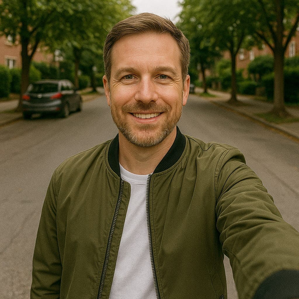 Selfie of male taken on the street to get medical headshot with AI