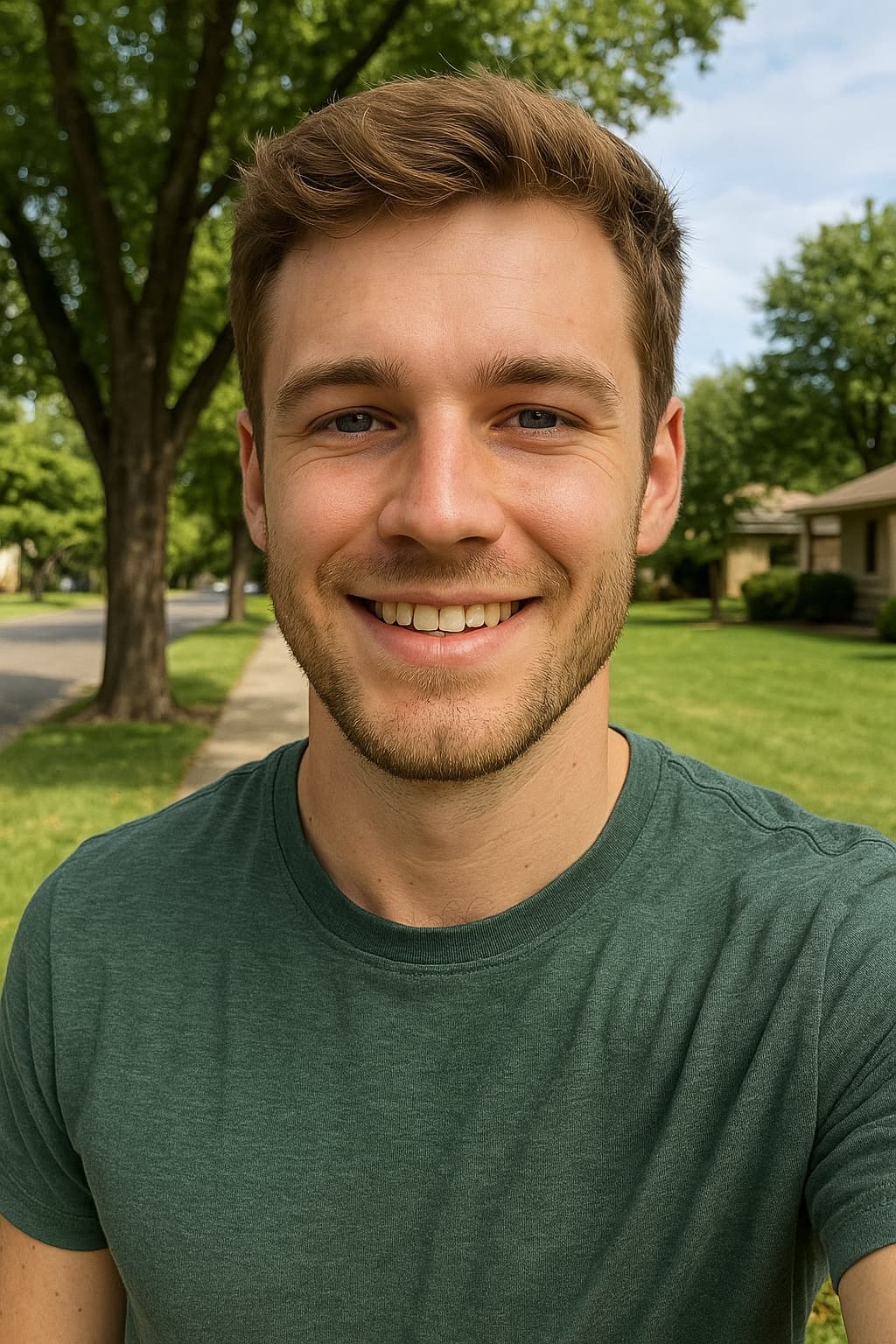 Selfie taken by young male medical worker on the street in casual clothing